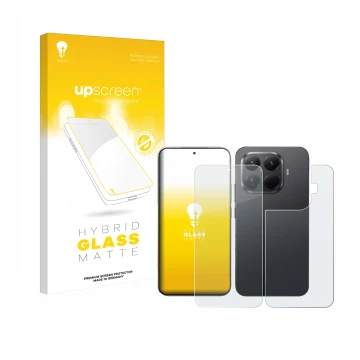 Face avant d’un emballage produit avec le logo de la marque upscreen. À côté, l’appareil Xiaomi 15T Pro (Avant+Arrière) est re