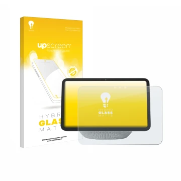 Face avant d’un emballage produit avec le logo de la marque upscreen. À côté, l’appareil Amazon Echo Show 8 2025 (4ème Gen.) e