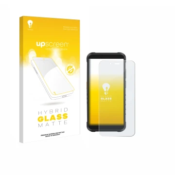 Face avant d’un emballage produit avec le logo de la marque upscreen. À côté, l’appareil Ulefone RugKing est représenté avec l