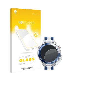 Face avant d’un emballage produit avec le logo de la marque upscreen. À côté, l’appareil Huawei Watch Ultimate 2 Blue est repr
