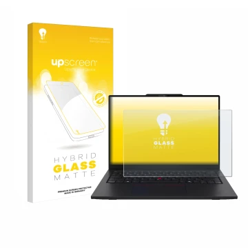 Face avant d’un emballage produit avec le logo de la marque upscreen. À côté, l’appareil Lenovo ThinkPad L13 Gen 6 est représe