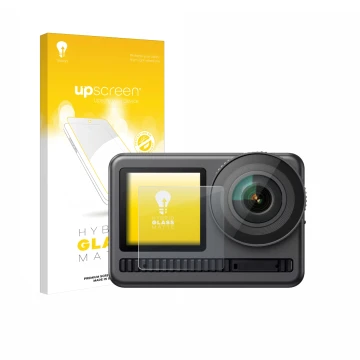 Face avant d’un emballage produit avec le logo de la marque upscreen. À côté, l’appareil Akaso Brave 8 (Affichage avant) est r