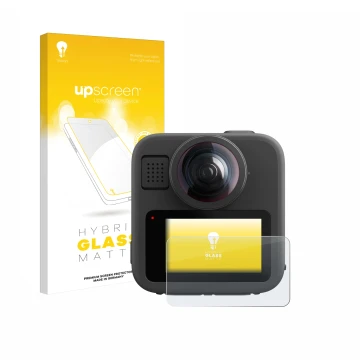 Face avant d’un emballage produit avec le logo de la marque upscreen. À côté, l’appareil GoPro Max 2 est représenté avec la pr