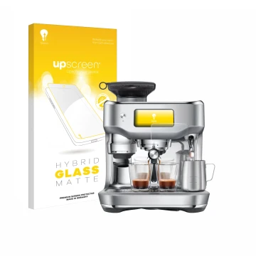 Face avant d’un emballage produit avec le logo de la marque upscreen. À côté, l’appareil Sage the Oracle Dual Boiler est repré