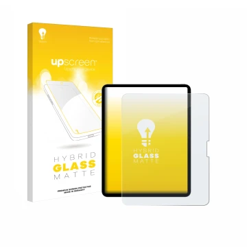 Face avant d’un emballage produit avec le logo de la marque upscreen. À côté, l’appareil Apple iPad Pro 13