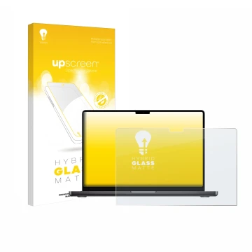 Face avant d’un emballage produit avec le logo de la marque upscreen. À côté, l’appareil Apple MacBook Pro 14