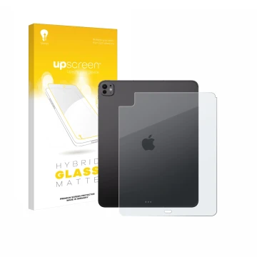Face avant d’un emballage produit avec le logo de la marque upscreen. À côté, l’appareil Apple iPad Pro 13