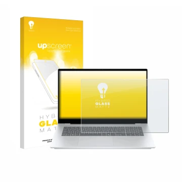 Face avant d’un emballage produit avec le logo de la marque upscreen. À côté, l’appareil HP OmniBook 7 17-dc est représenté av