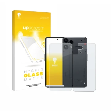 Face avant d’un emballage produit avec le logo de la marque upscreen. À côté, l’appareil Nothing Phone (3a) Lite (Avant+Arrièr