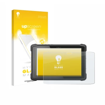 Face avant d’un emballage produit avec le logo de la marque upscreen. À côté, l’appareil Hematec SolidTab G99 10