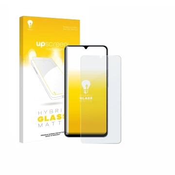 Face avant d’un emballage produit avec le logo de la marque upscreen. À côté, l’appareil Samsung Galaxy A07 est représenté ave