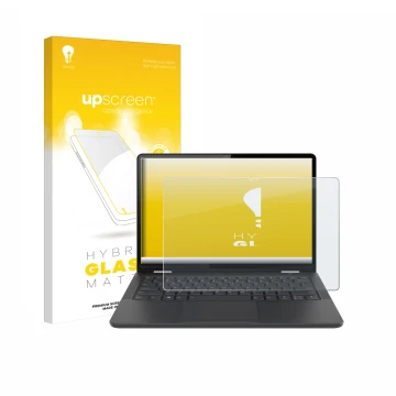 Face avant d’un emballage produit avec le logo de la marque upscreen. À côté, l’appareil Lenovo 13w Yoga Gen 2 est représenté 