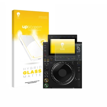 Face avant d’un emballage produit avec le logo de la marque upscreen. À côté, l’appareil Pioneer CDJ 3000X est représenté avec