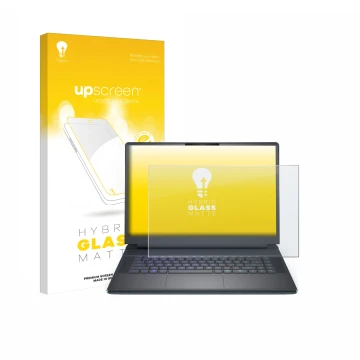 Face avant d’un emballage produit avec le logo de la marque upscreen. À côté, l’appareil Dell Alienware 16 Area-51 est représe