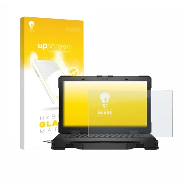 Face avant d’un emballage produit avec le logo de la marque upscreen. À côté, l’appareil Dell Pro Rugged 14 Laptop est représe