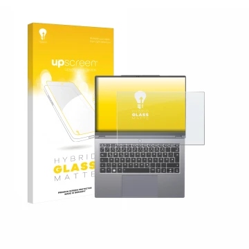 Face avant d’un emballage produit avec le logo de la marque upscreen. À côté, l’appareil Tuxedo InfinityBook Pro 14 Gen 10 est
