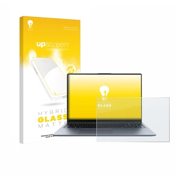 Face avant d’un emballage produit avec le logo de la marque upscreen. À côté, l’appareil Huawei MateBook D 16 2024 est représe