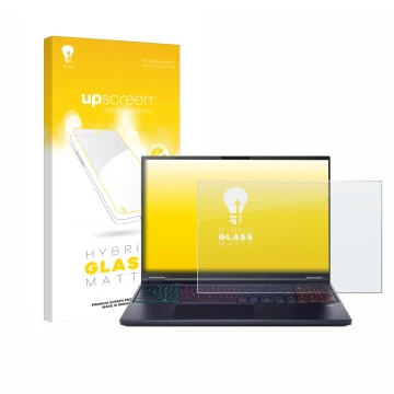 Face avant d’un emballage produit avec le logo de la marque upscreen. À côté, l’appareil Acer Predator Helios Neo 16 AI est re