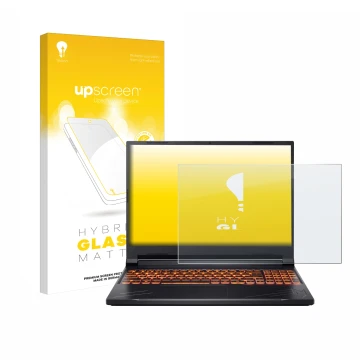 Face avant d’un emballage produit avec le logo de la marque upscreen. À côté, l’appareil Acer Nitro V 16 est représenté avec l