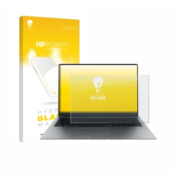 Face avant d’un emballage produit avec le logo de la marque upscreen. À côté, l’appareil Honor MagicBook X16 Plus 2025 est rep