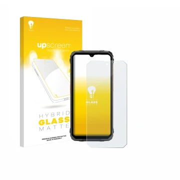 Face avant d’un emballage produit avec le logo de la marque upscreen. À côté, l’appareil Blackview Fort 1 est représenté avec 