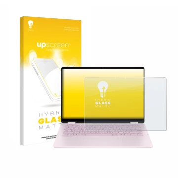 Face avant d’un emballage produit avec le logo de la marque upscreen. À côté, l’appareil HP OmniBook 5 Flip 14 14-fp0153ng est