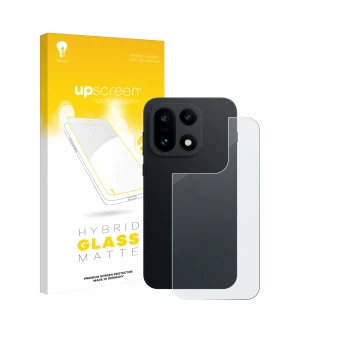 Face avant d’un emballage produit avec le logo de la marque upscreen. À côté, l’appareil OnePlus 15 (Arrière) est représenté a