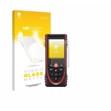 Face avant d’un emballage produit avec le logo de la marque upscreen. À côté, l’appareil Leica DISTO X3 est représenté avec la