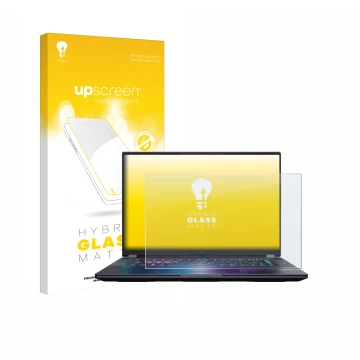 Face avant d’un emballage produit avec le logo de la marque upscreen. À côté, l’appareil Gigabyte AORUS Elite 16 2025 est repr