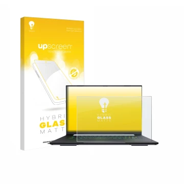 Face avant d’un emballage produit avec le logo de la marque upscreen. À côté, l’appareil Gigabyte AERO X16 2025 est représenté