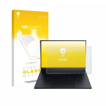 Face avant d’un emballage produit avec le logo de la marque upscreen. À côté, l’appareil Razer Blade 16 2025 est représenté av