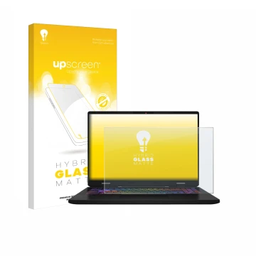 Face avant d’un emballage produit avec le logo de la marque upscreen. À côté, l’appareil MSI Vector 16 HX AI est représenté av