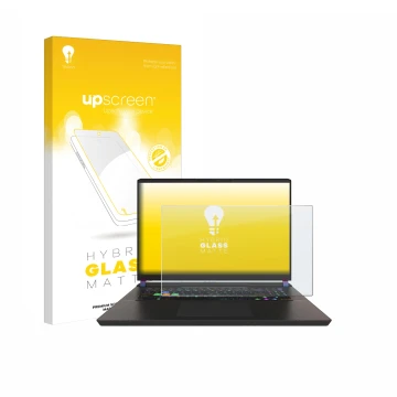 Face avant d’un emballage produit avec le logo de la marque upscreen. À côté, l’appareil MSI Vector 17 HX est représenté avec 
