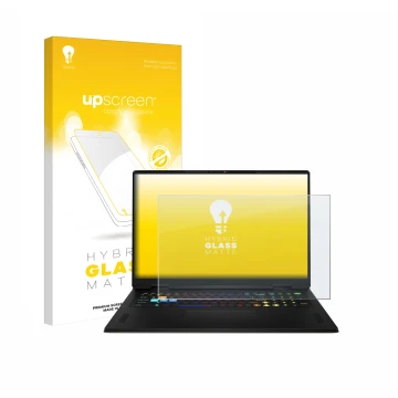 Face avant d’un emballage produit avec le logo de la marque upscreen. À côté, l’appareil MSI Vector A18 HX 2025 est représenté