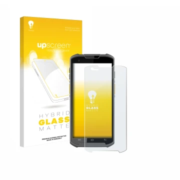 Face avant d’un emballage produit avec le logo de la marque upscreen. À côté, l’appareil Newland MT93 est représenté avec la p