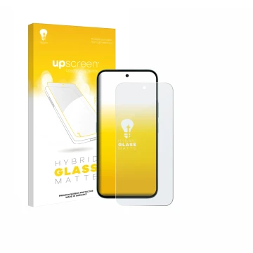 Face avant d’un emballage produit avec le logo de la marque upscreen. À côté, l’appareil Honor X6c est représenté avec la prot