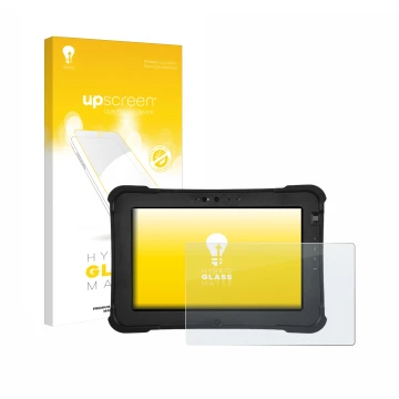 Face avant d’un emballage produit avec le logo de la marque upscreen. À côté, l’appareil Zebra XSlate L10ax est représenté ave