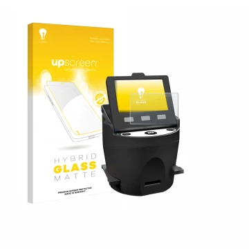 Face avant d’un emballage produit avec le logo de la marque upscreen. À côté, l’appareil Kodak SCANZA est représenté avec la p