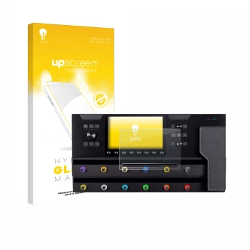 Face avant d’un emballage produit avec le logo de la marque upscreen. À côté, l’appareil Line 6 Helix Stadium XL est représent