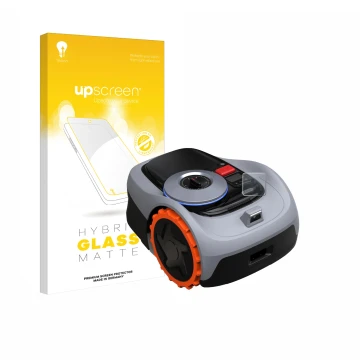 Face avant d’un emballage produit avec le logo de la marque upscreen. À côté, l’appareil Navimow i105E+ est représenté avec la