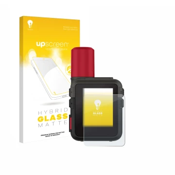 Face avant d’un emballage produit avec le logo de la marque upscreen. À côté, l’appareil Garmin inReach Mini 3 Plus est représ