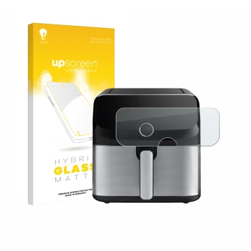 Face avant d’un emballage produit avec le logo de la marque upscreen. À côté, l’appareil Tefal Easy Fry Mega est représenté av
