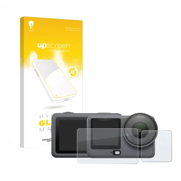 Face avant d’un emballage produit avec le logo de la marque upscreen. À côté, l’appareil DJI Osmo Action 6 est représenté avec