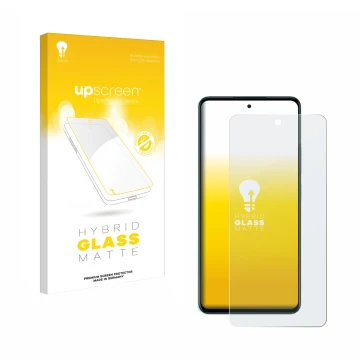 Face avant d’un emballage produit avec le logo de la marque upscreen. À côté, l’appareil Oppo A5 est représenté avec la protec