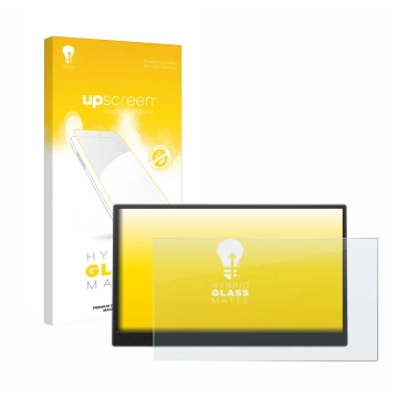Face avant d’un emballage produit avec le logo de la marque upscreen. À côté, l’appareil Azeyou PM1506S 15.6