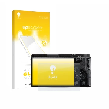 Face avant d’un emballage produit avec le logo de la marque upscreen. À côté, l’appareil Ricoh GR IV HDF 2025 est représenté a