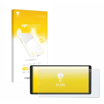 Face avant d’un emballage produit avec le logo de la marque upscreen. À côté, l’appareil Shelly Wall Display X2 est représenté