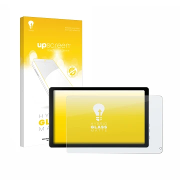 Face avant d’un emballage produit avec le logo de la marque upscreen. À côté, l’appareil Laptok KB1001 10.1