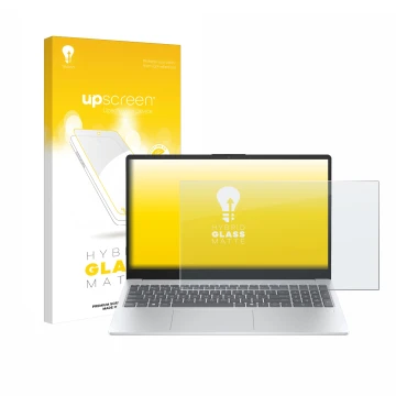 Face avant d’un emballage produit avec le logo de la marque upscreen. À côté, l’appareil HP OmniBook 3 14