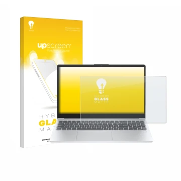 Face avant d’un emballage produit avec le logo de la marque upscreen. À côté, l’appareil HP OmniBook 3 15